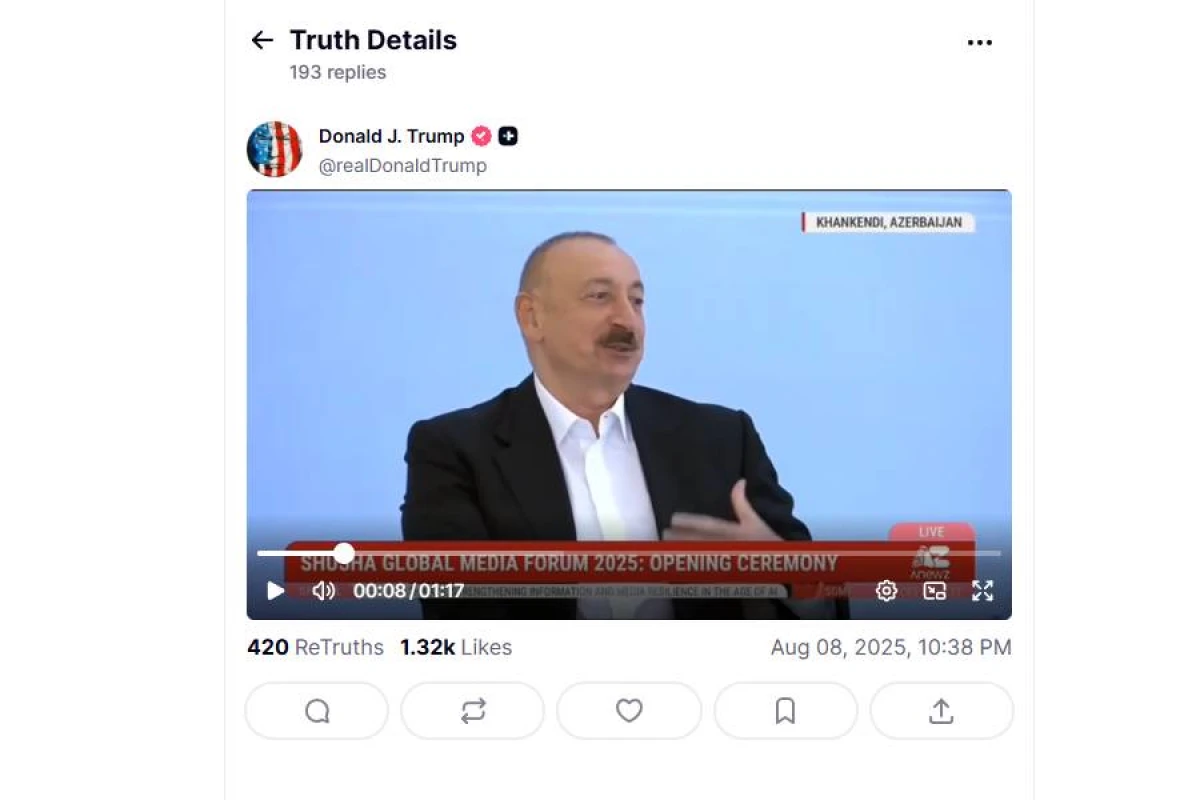 Tramp yenidən [[Prezident İlham Əliyevin]] çıxışını paylaşdı