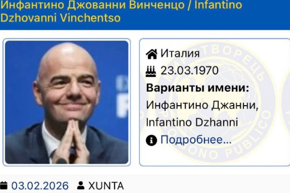 [[İnfantino]] "Mirotvorets"ə daxil edildi