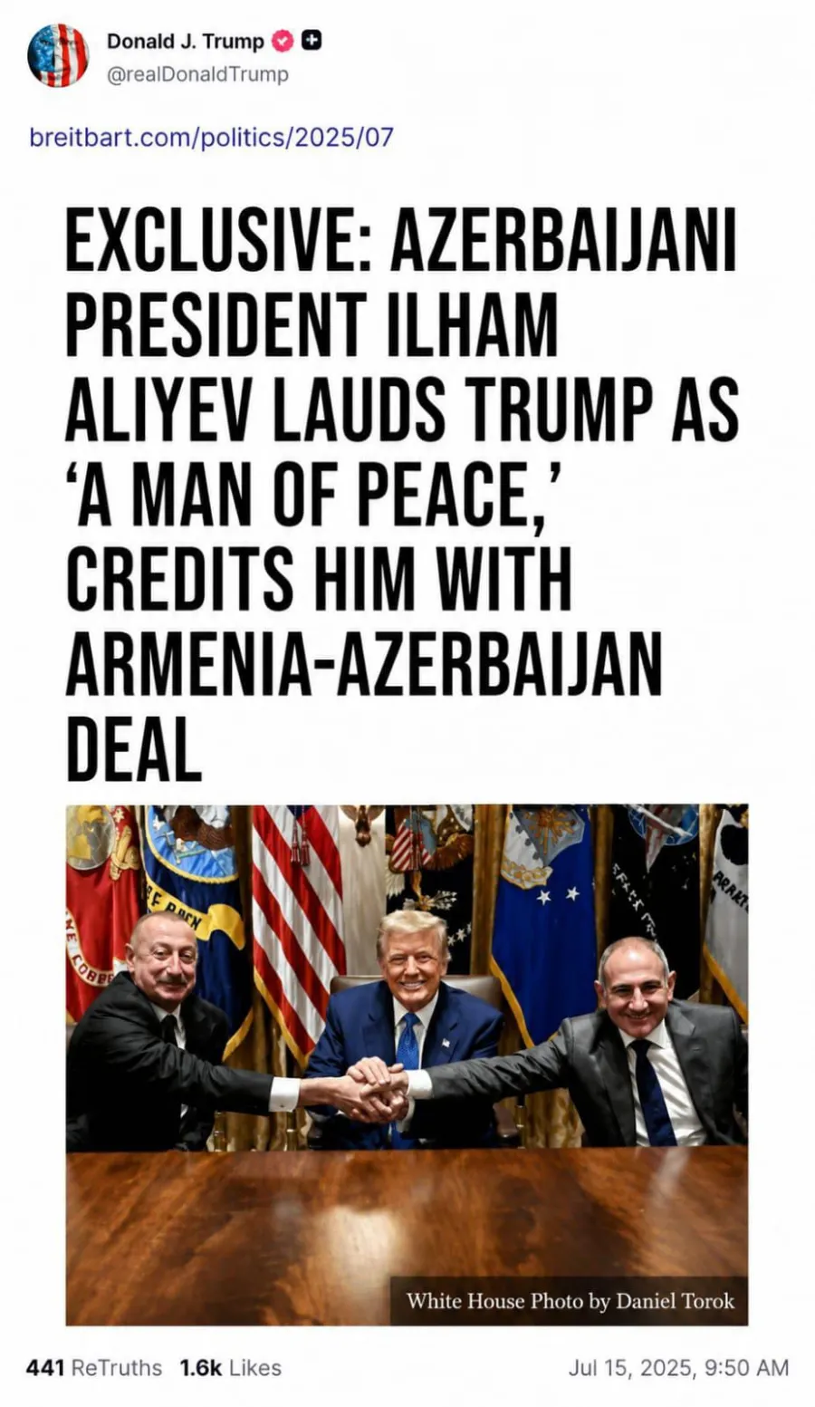 Трамп поделился словами Алиева в «Truth Social» — ФОТО — 1